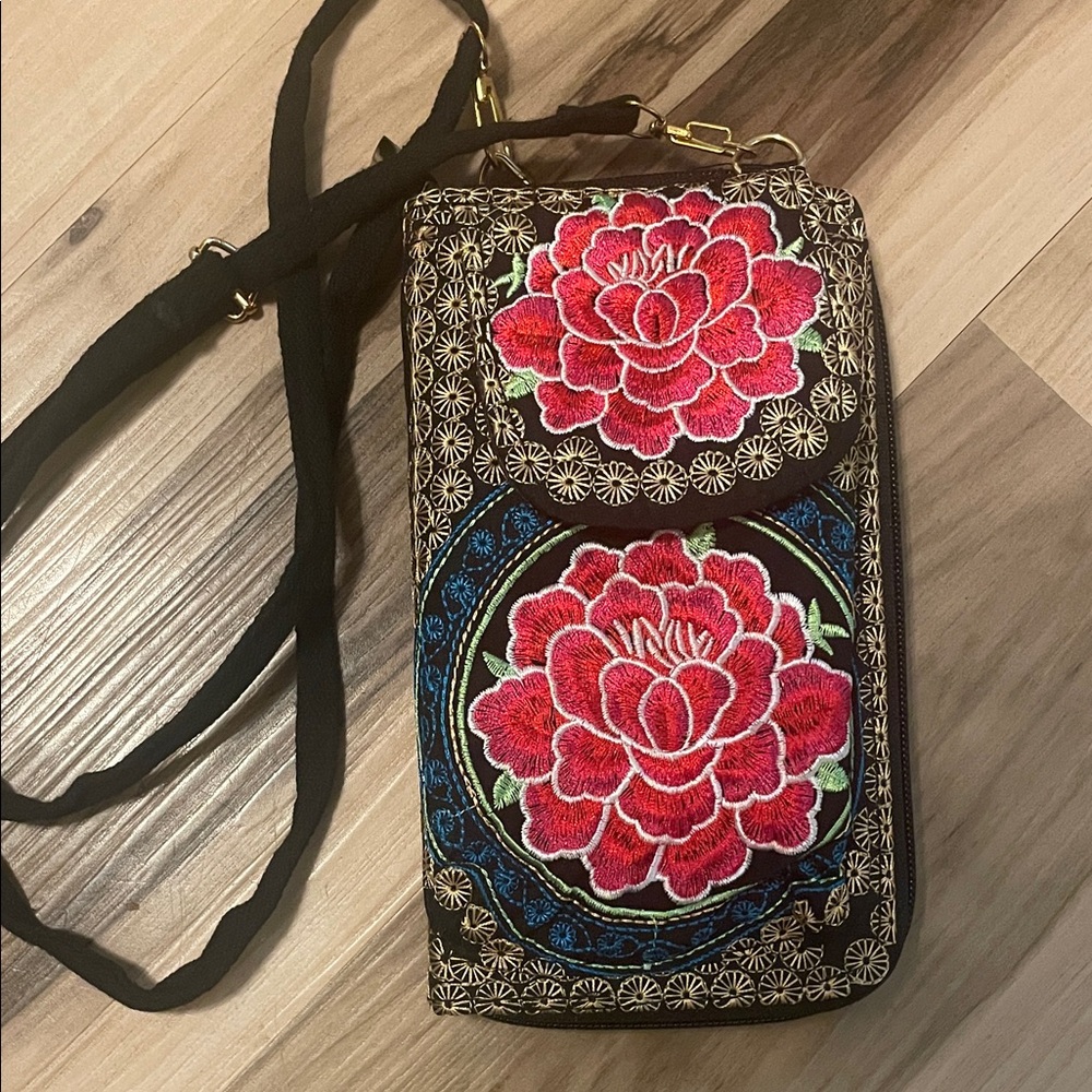 Embroidered Boho Floral Crossbody Phone Bag - Black with Lotus
